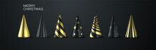 Abstract Christmas Tree Set. Vector 3d Illustration. Black And Golden Geometric Cone Shapes. Festive Elements For Design.