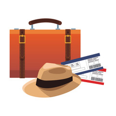 Poster - travel suitcase with hat and flight passboards, flat design