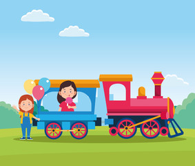 Sticker - happy children day design with train with cartoon happy girls