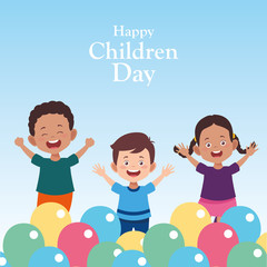 Sticker - happy children day design with cartoon happy kids and colorful balloons