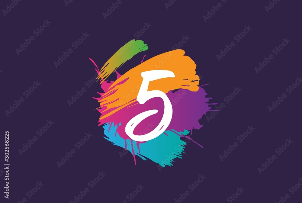 Hand lettering brush initial number 5 with colorful paintbrush on dark background template design - obrazy, fototapety, plakaty 
