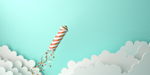 Happy New Year Design Creative Concept, Firework Rocket, Glittering Confetti, Cloud On Green Mint Background. Copy Space Text Area, 3D Rendering Illustration.