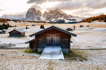 Wall Mural - Alpe di Siusi or Seiser Alm with Sassolungo - Langkofel mountain group