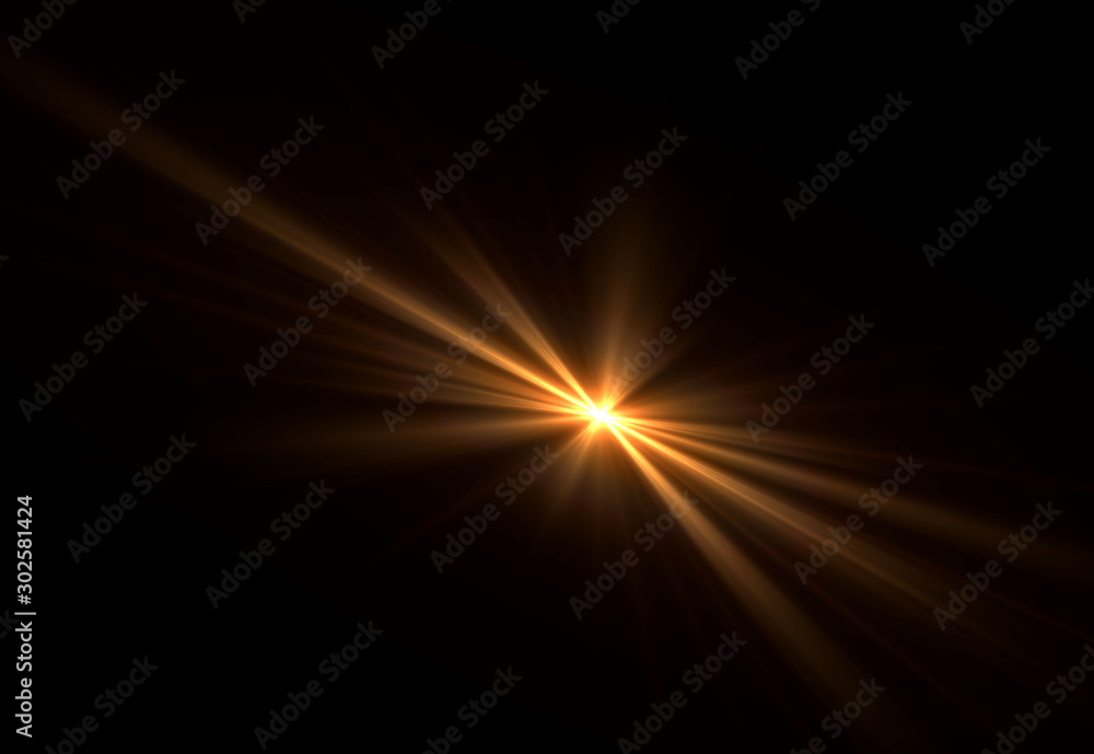Overlay, flare light transition, effects sunlight, lens flare, light leaks. High-quality stock images of warm sun rays light effects, overlays or golden flare isolated on black background for design - obrazy, fototapety, plakaty 