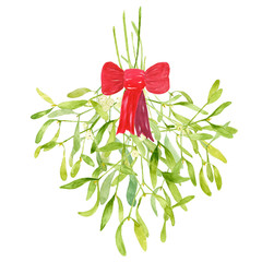 Wall Mural - Mistletoe with red ribbon hand drawn painting using watercolor isolated on white background with clipping path for Christmas decoration and design