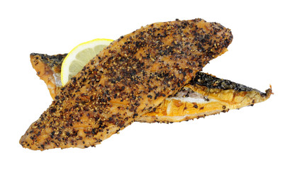 Hot smoked peppered mackerel fillets with crushed peppercorns isolated on a white background