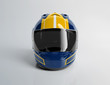 Blue and yellow motorcycle helmet isolated on white Mockup 3D rendering