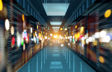 Fototapete - Servers data center room with bright bokeh light going through the corridor 3D rendering