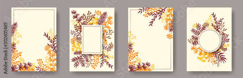 Hand drawn herb twigs, tree branches, leaves floral invitation cards template...