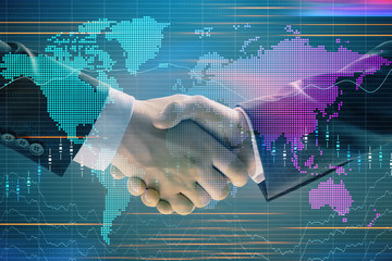 Multi exposure of forex graph and world map on abstract background with two businessmen handshake. Concept of success on international markets