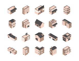 building isometric style icons set