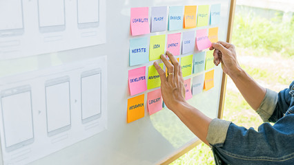 Wall Mural - creative web designer planning application and developing template layout, framework for mobile phon