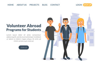 Wall Mural - Volunteer Abroad, Programs for Students Landing Page Template, Education and Science Training, Learning Courses Website Vector Illustration