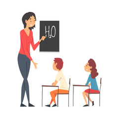 Poster - Female Teacher Teaching Students in Classroom at Chemistry Lesson Vector Illustration