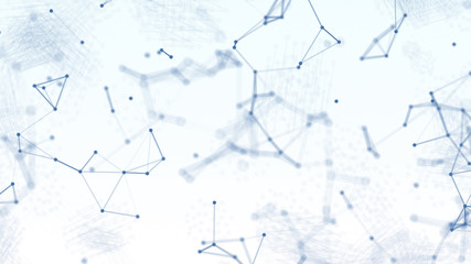 Wall Mural - 3d abstract blue blurred geometry wireframe network and connecting dot in space on white background.