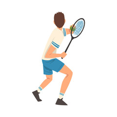 Sticker - Tennis Player with Racket, Male Athlete Character Taking Part in Competition, View From Behind Vector Illustration