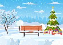 Snowy Winter City Park With Christmas Trees, Bench, City Skyline. Winter Christmas Landscape For Banner, Poster, Web. Vector Illustration In Flat Style