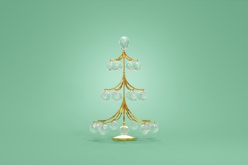 Wall Mural - Christmas tree fragile gold wire decoration hanging ball crystal glass. Graceful toy concept design green background. Elegant jewelry symbol of the new year. 3D rendering