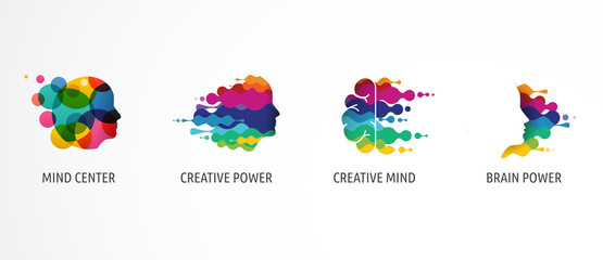 Brain, Creative mind, learning and design icons, logos. Man head, people symbols