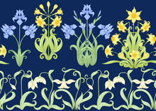 Spring Flowers. Narcissus, Iris, Lily Of The Valley, May-lily, Seamless Pattern, Background. Vector Illustration. In Art Nouveau Style, Vintage, Old, Retro Style. On Navy Blue Background..