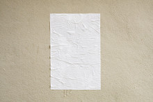 Blank White Crumpled And Creased Adhesive Street Poster Mockup On Concrete Wall Background