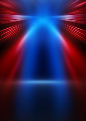Fototapete - Empty show scene background. Reflection of a dark street on wet asphalt. Rays of red and blue neon light in the dark, neon shapes, smoke. Abstract dark background.