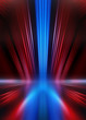 Empty show scene background. Reflection of a dark street on wet asphalt. Rays of red and blue neon light in the dark, neon shapes, smoke. Abstract dark background.