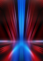Leinwandbilder - Empty show scene background. Reflection of a dark street on wet asphalt. Rays of red and blue neon light in the dark, neon shapes, smoke. Abstract dark background.