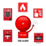 Fototapeta Dinusie - Fire alarm system icons set. Red ringing bell. Vector illustration
