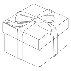 Continuous line drawing of gift box with ribbon bow. Template for your design works. Vector illustration.