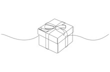 Continuous Line Drawing Of Gift Box With Ribbon Bow. Template For Your Design Works. Vector Illustration.