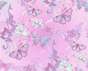  Fantastic flowers and butterflies. Seamless pattern. Vector illustration. Suitable for fabric, wrapping paper and the like