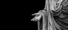 Man Hand On Antique Tunic. Stone Statue Detail Of Human Hand. Folds In The Fabric. Copyspace For Text