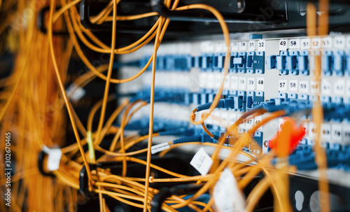 Cuadros en Lienzo Close up view of internet equipment and cables in the server room