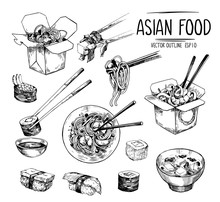 Asian Food Sketches. Sushi, Miso Soup, Wok Noodles. Vector Set Isolated On White Background