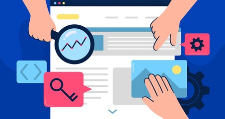 SEO analytics and optimization. Web developers looking for to improve site visits and conversions rate. Flat illustration