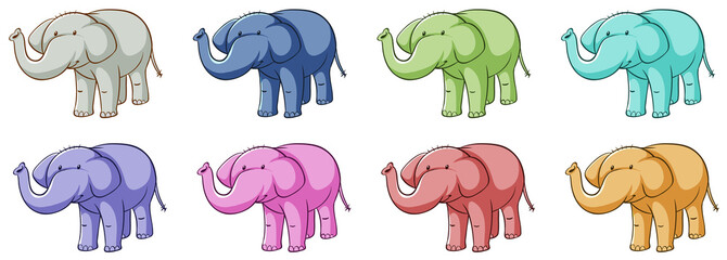 Wall Mural - isolated set of elephants in different colors