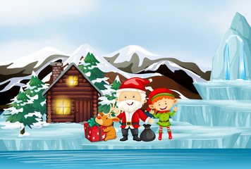 Wall Mural - Scene with Santa and elf by the cottage