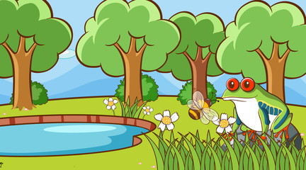 Sticker - Scene with frog and bee in the park