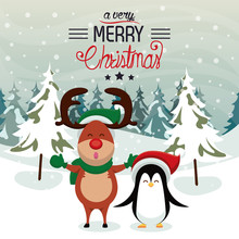 Happy Merry Christmas Card With Cute Reindeer And Penguin