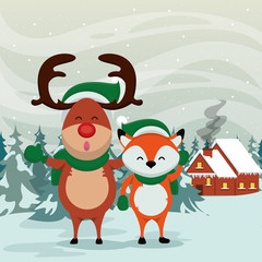 Poster - happy merry christmas card with fox and reindeer