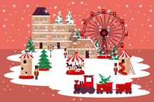 Christmas Winter Street Scene With Panoramic Wheel