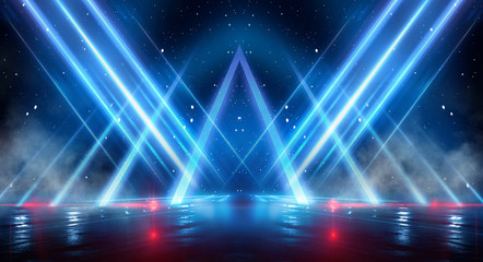 Wall Mural - empty show scene background. reflection of a dark street on wet asphalt. rays blue neon light in the