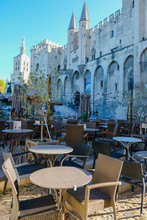 Documentary Image. Editorial Illustrative. Avignon. Provence. France. September 16. 2019. Palais Des Papes, Or The Palace Of The Pope In Avignon With A Deserted Terrace In Front. Morning Light.