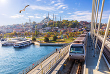 Halic Metro Bridge And View On The Suleymaniye Mosque, Istanbul