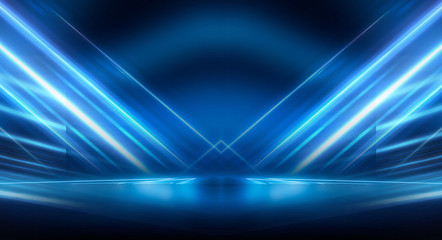 Abstract light tunnel, stage, portal with rays, neon lights and spotlights. Dark empty scene with neon. Abstract blue background, light, smoke. Symmetric reflection, perspective.