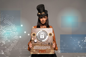 Wall Mural - steampunk woman in top hat with goggles showing vintage laptop with internet security illustration isolated on grey