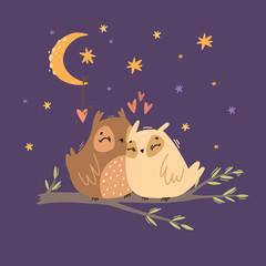 Vector illustration of two owls in love. romantic night sky with stars and moon. owls on a branch. cute birds