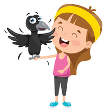 Little Girl Playing With Crow