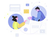 Vector illustration of two people talking and holding documents. Online support or support service concept. Team mates exchange data, information, discuss project. Workflow or team work illsutration.